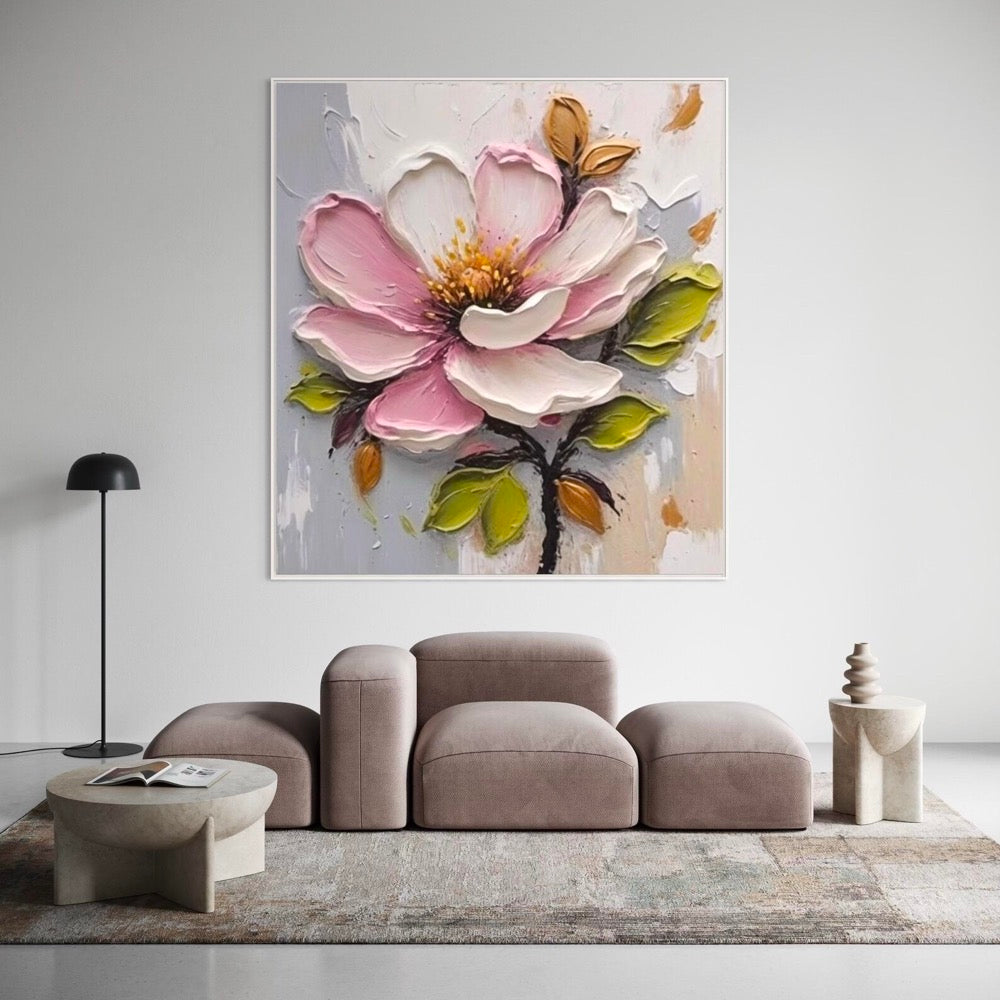 3D Pink Blossom with Gold Details Art Pink Peony with Gold Green Leaf Painting Minimalist Floral Home Decor Personalized Gift for Christmas