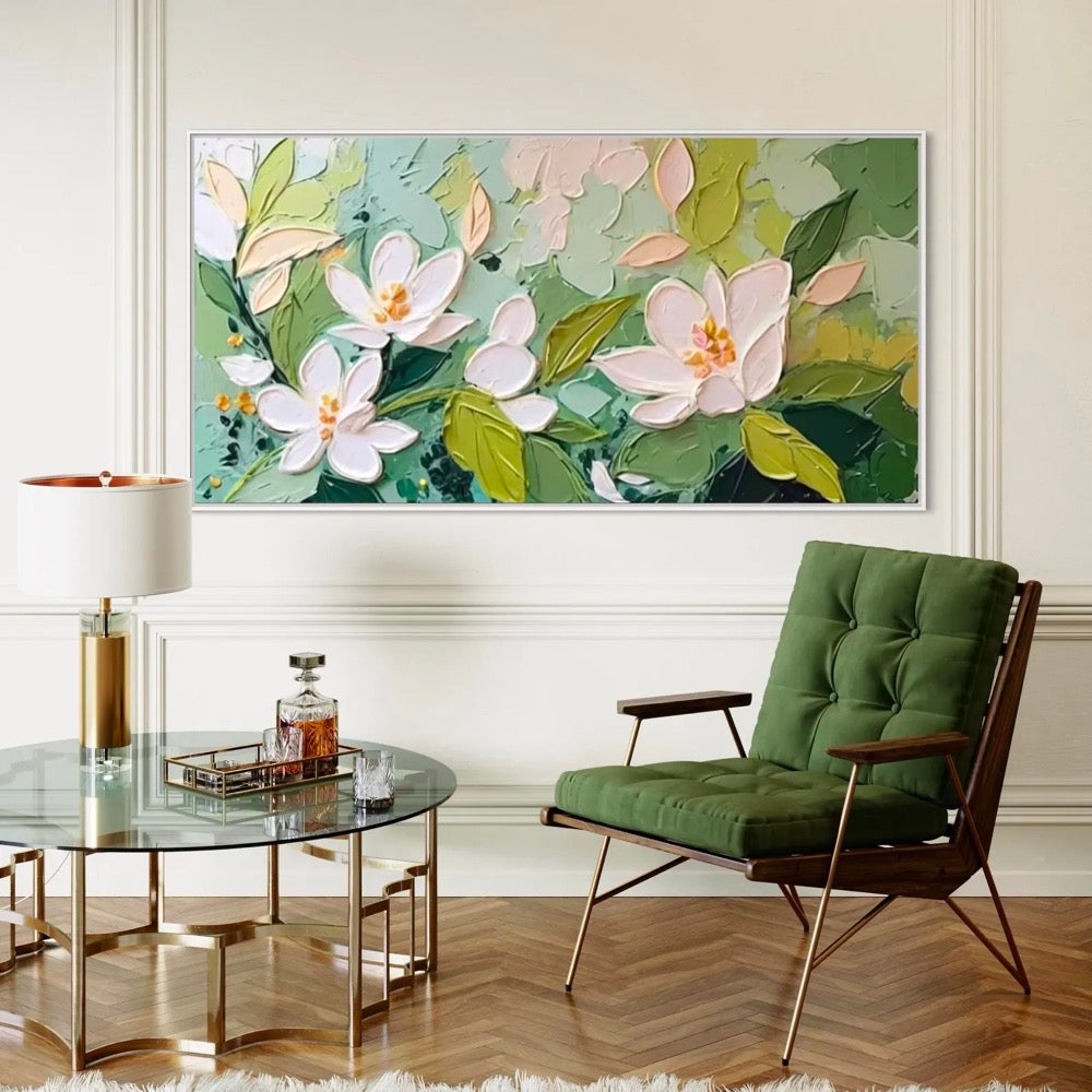 Cozy Living Room Centerpiece Textured Oil Painting Featuring White Flower and Green Leaves Art Summer Gardens Decor Gift for New House