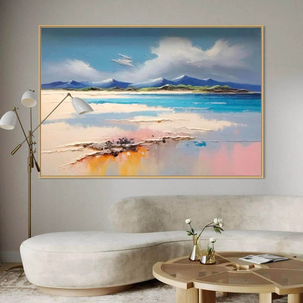 Beachside Wall Art Painting Soft Blue and White Beach Waves Majestic Mountain Art Home Decor Art forv