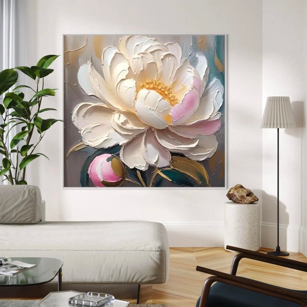 Vivid White Peony Acrylic Painting Magic Hour Floral Canvas Art Textured Brushstrokes Wall Art Vintage Style Home Wall Decor Christmas Gift