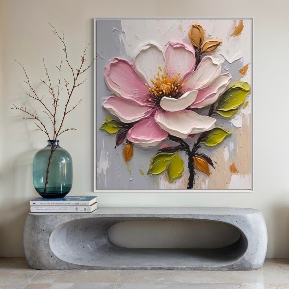 3D Pink Blossom with Gold Details Art Pink Peony with Gold Green Leaf Painting Minimalist Floral Home Decor Personalized Gift for Christmas
