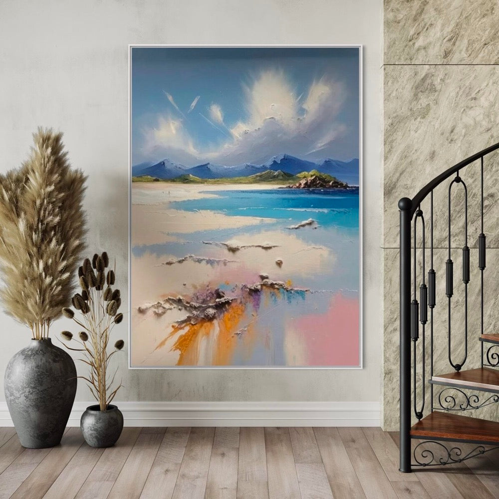 Blue and White Coastal Landscape Oil Painting