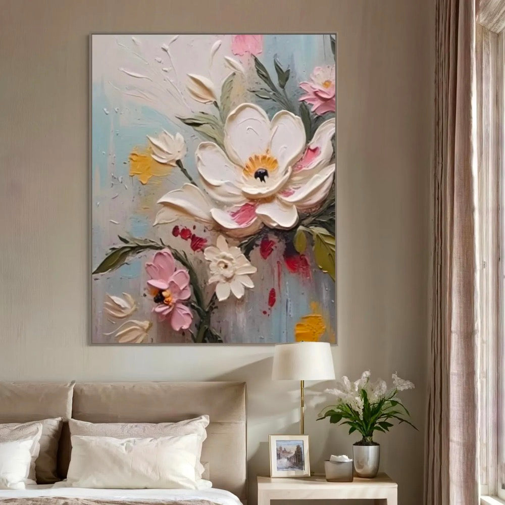 Minimalist Floral Oil Painting Modern Impasto White Flowers Art Nature-Inspired Wall Decor Large Blossom Artwork Custom Gift for Her