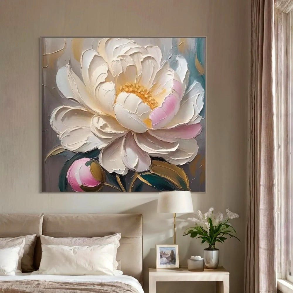 Vivid White Peony Acrylic Painting Magic Hour Floral Canvas Art Textured Brushstrokes Wall Art Vintage Style Home Wall Decor Christmas Gift