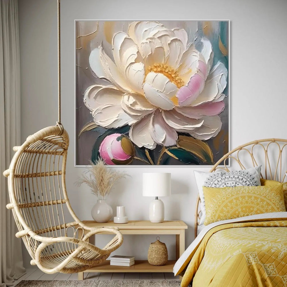 Vivid White Peony Acrylic Painting Magic Hour Floral Canvas Art Textured Brushstrokes Wall Art Vintage Style Home Wall Decor Christmas Gift