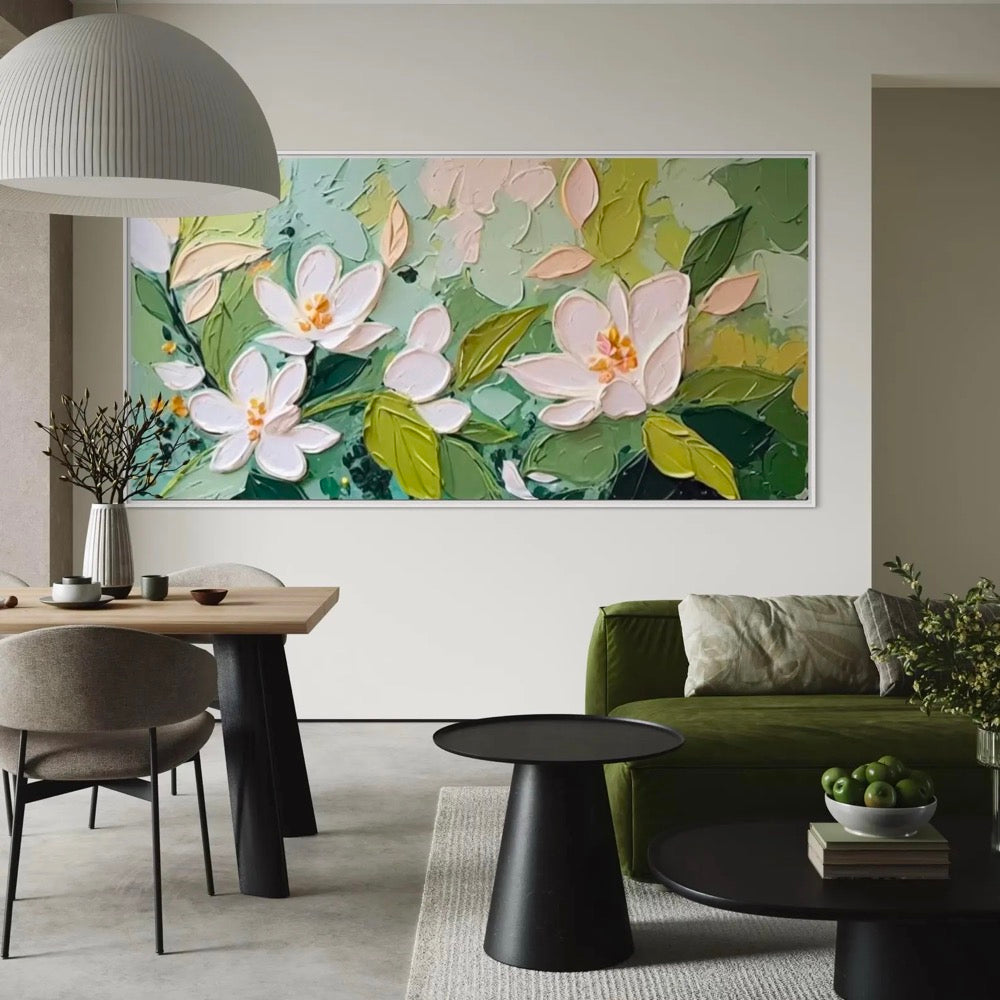Cozy Living Room Centerpiece Textured Oil Painting Featuring White Flower and Green Leaves Art Summer Gardens Decor Gift for New House