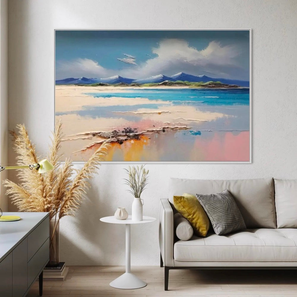 Beachside Wall Art Painting Soft Blue and White Beach Waves Majestic Mountain Art Home Decor Art forv