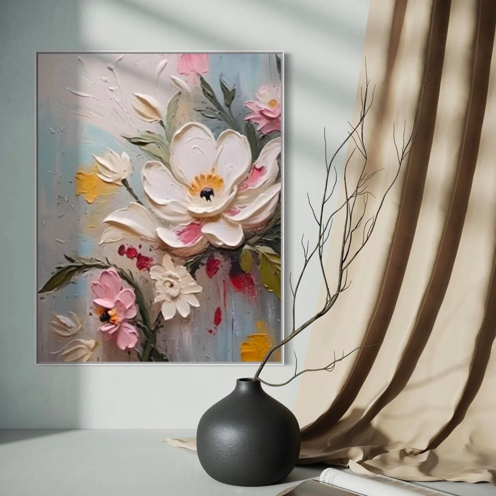 Cozy Living Room Centerpiece Textured Oil Painting Featuring White Flower and Green Leaves Art Summer Gardens Decor Gift for New House