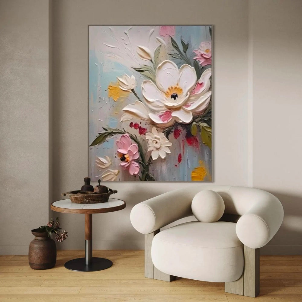 Minimalist Floral Oil Painting Modern Impasto White Flowers Art Nature-Inspired Wall Decor Large Blossom Artwork Custom Gift for Her