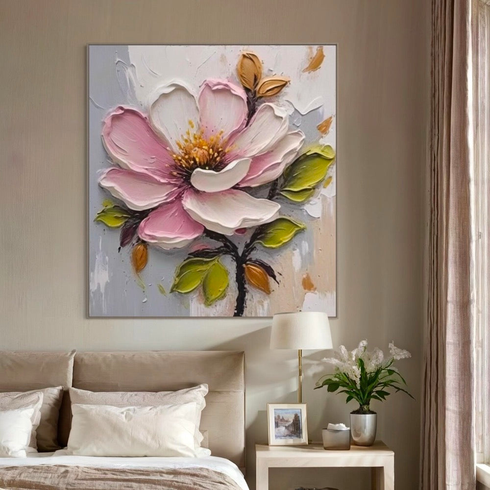 3D Pink Blossom with Gold Details Art Pink Peony with Gold Green Leaf Painting Minimalist Floral Home Decor Personalized Gift for Christmas